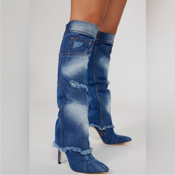NEW Distressed Denim Pointed Knee High Heeled Zipper Boots Size 38, US 7 - Picture 3 of 15